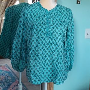 Sundance Catalog Aqua Print Cotton Peasant Blouse